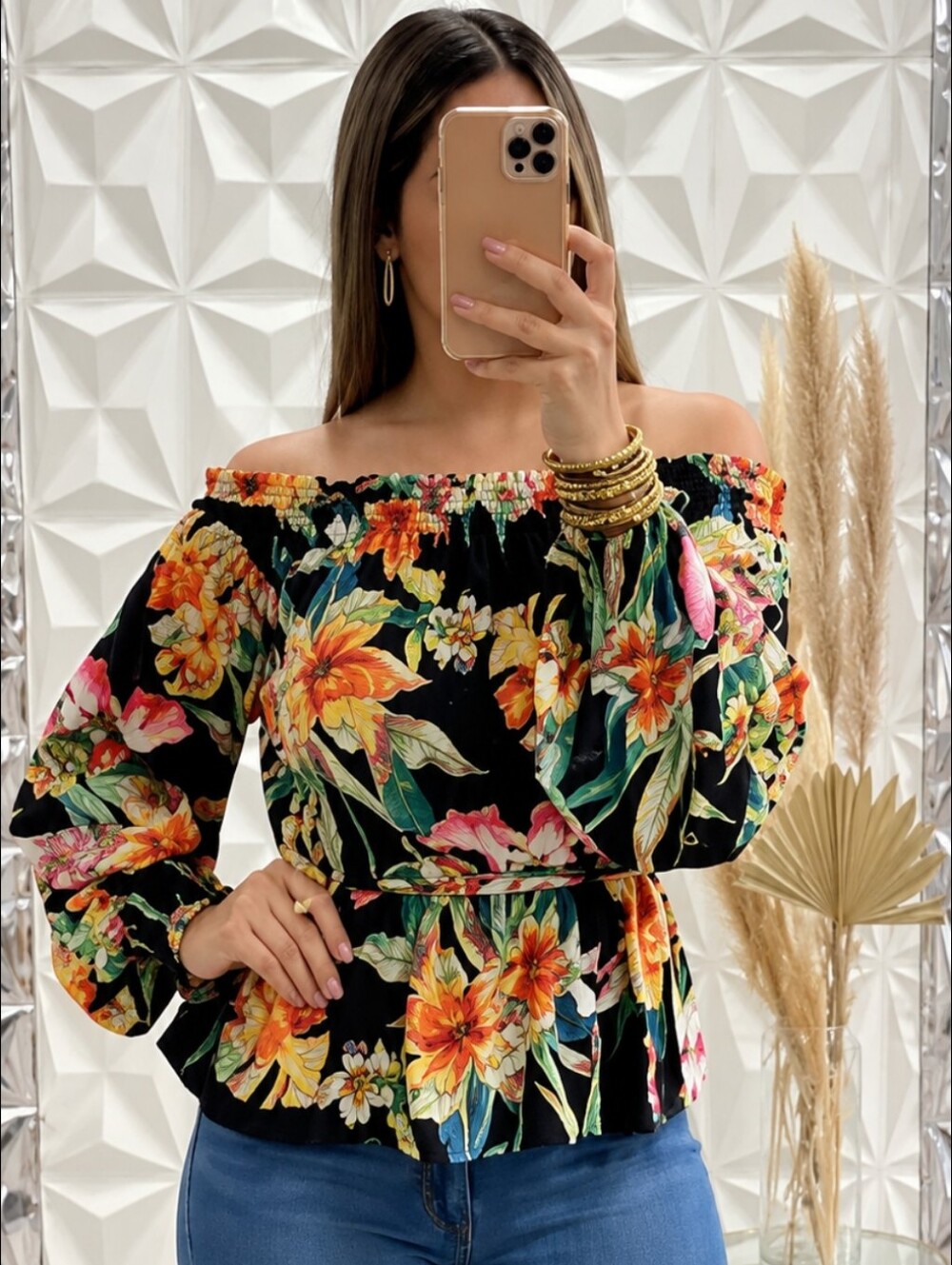2-Flying Tomato Off-Shoulder Floral‎ Peasant Blouse in Black Multi